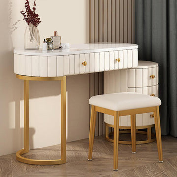 Modern White Makeup Vanity Expandable Upholstered Dressing Table with 5 Drawers in Gold